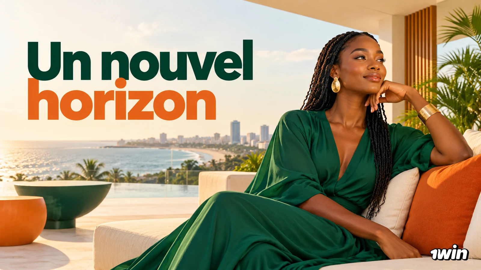 Femme en tenue verte sur une terrasse en bord de mer.