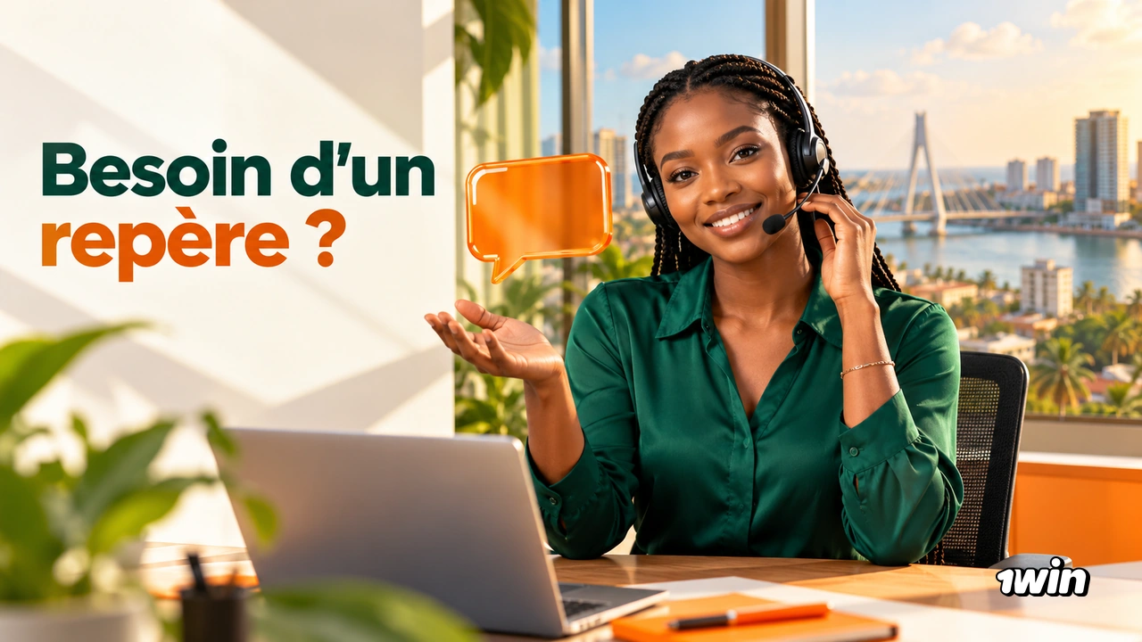 Conseillère souriante avec un casque et une bulle de dialogue orange.