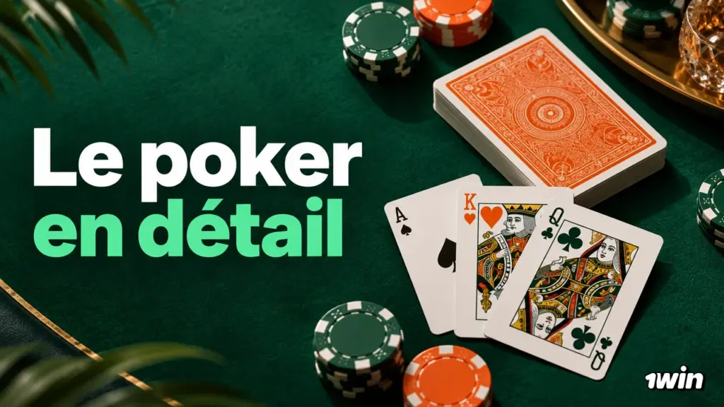 Cartes à jouer et jetons disposés sur un tapis vert avec un texte sur le poker